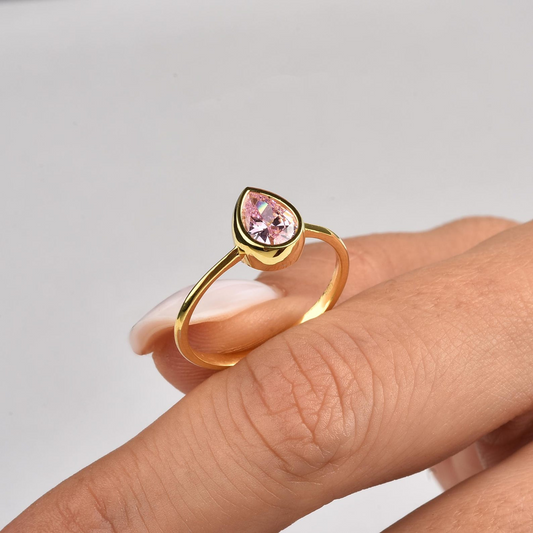 Pink Tourmaline Drop Bezel Ring 8K/10K/14K Solid Gold, October Birthstone Jewelry