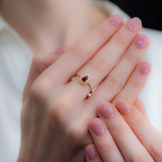 Ruby Bezel Drop Ring with Real Diamonds in 8K/10K/14K Solid Gold | July Birthstone Jewelry