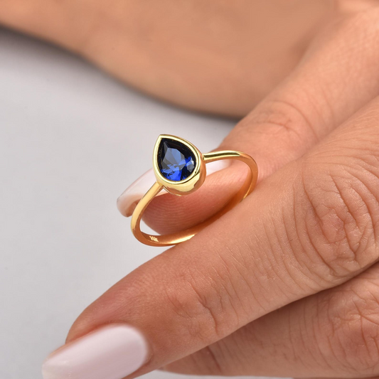 Sapphire Drop Bezel Ring 8K/10K/14K Solid Gold, September Birthstone Jewelry