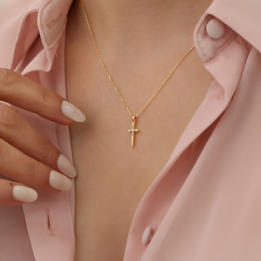 Cross Necklace with Real Diamonds in 14K Solid Gold, Religious Handmade Jewelry