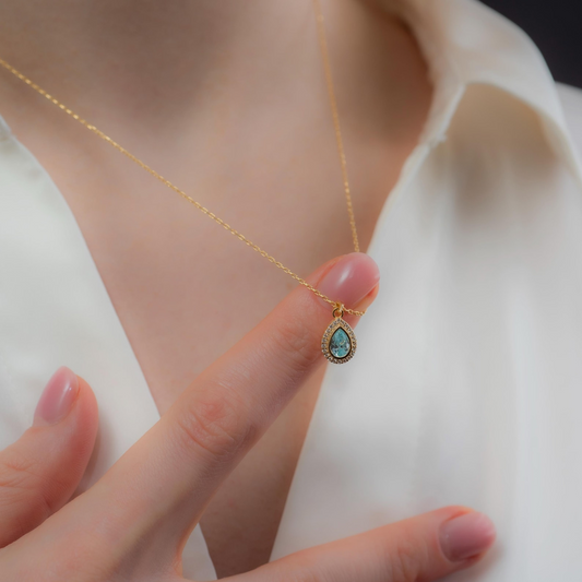 Aquamarine Bezel Drop Necklace with Real Diamonds in 8K/10K/14K Solid Gold | March Birthstone Jewelry