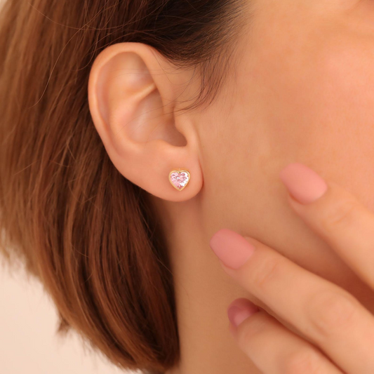 Pink Tourmaline Heart Bezel Cut Stud Earrings 10K/14K Solid Gold, October Birthstone Jewelry