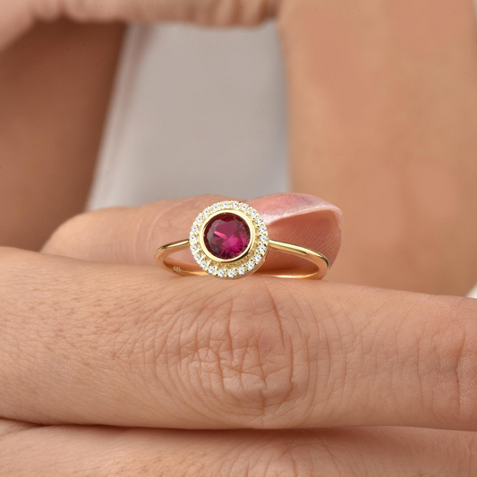 Ruby Round Bezel Ring in 8K/10K/14K Solid Gold with Real Diamonds, July Birthstone Jewelry