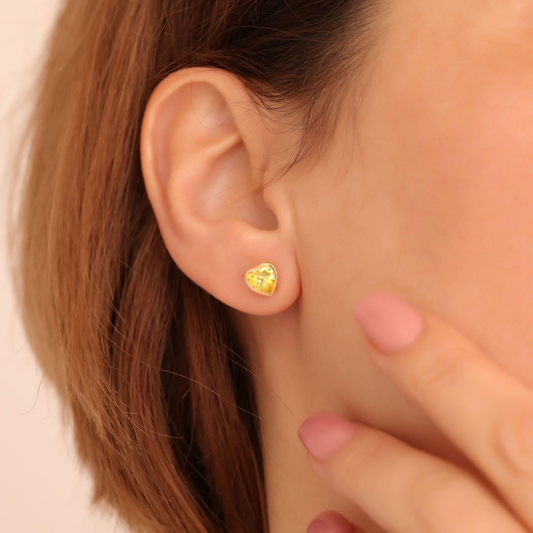 Yellow Topaz Heart Bezel Cut Stud Earrings 10K/14K Solid Gold, Handmade Birthstone Jewelry