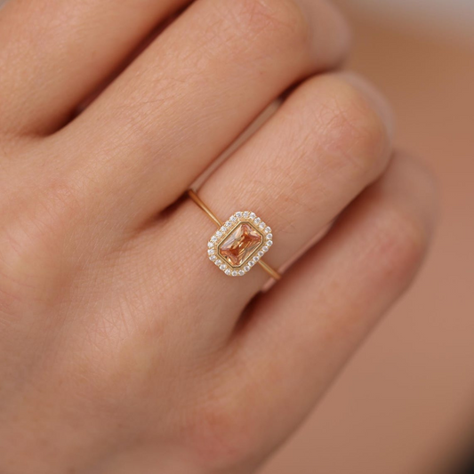 Rectangle Citrine Bezel Ring in 14K Solid Gold Surrounded with Real Diamonds, November Birthstone Jewelry