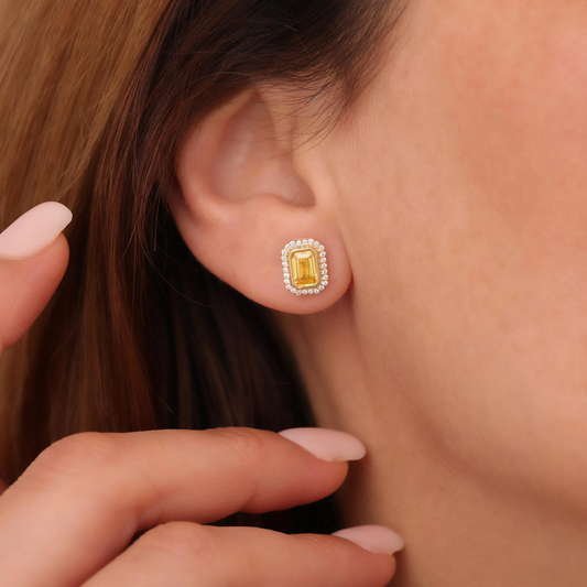 Rectangle Yellow Topaz Bezel Stud Earrings in 10K/14K Solid Gold Surrounded with Real Diamonds, Birthstone Jewelry