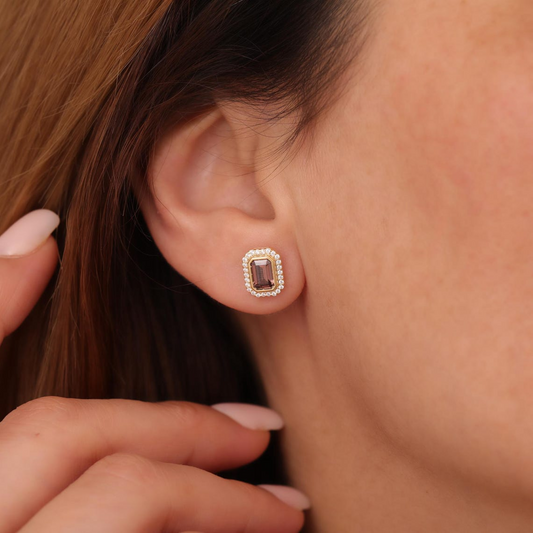 Rectangle Smoky Quartz Bezel Stud Earrings in 10K/14K Solid Gold Surrounded with Real Diamonds, Birthstone Jewelry