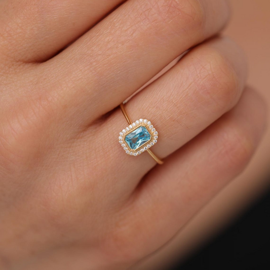 Rectangle Aquamarine Bezel Ring in 14K Solid Gold Surrounded with Real Diamonds, March Birthstone Jewelry