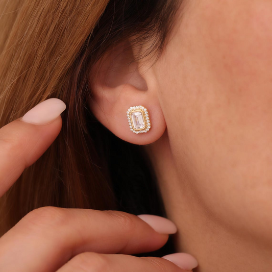 Rectangle White Topaz Bezel Stud Earrings in 10K/14K Solid Gold Surrounded with Real Diamonds, April Birthstone Jewelry