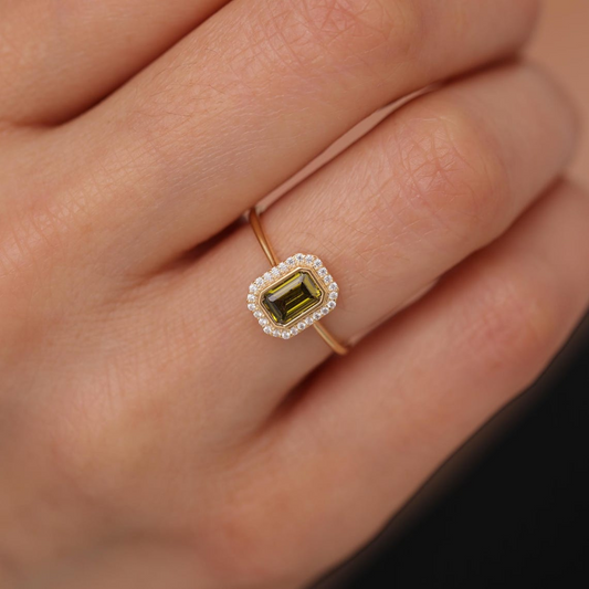 Rectangle Peridot Bezel Ring in 14K Solid Gold Surrounded with Real Diamonds, August Birthstone Jewelry