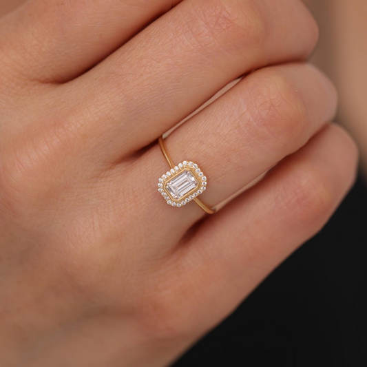 Rectangle White Topaz Bezel Ring in 14K Solid Gold Surrounded with Real Diamonds, April Birthstone Jewelry