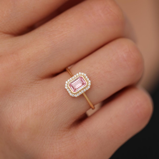 Rectangle Pink Tourmaline Bezel Ring in 14K Solid Gold Surrounded with Real Diamonds, October Birthstone Jewelry