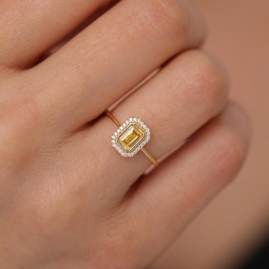Rectangle Yellow Topaz Bezel Ring in 14K Solid Gold Surrounded with Real Diamonds, November Birthstone Jewelry