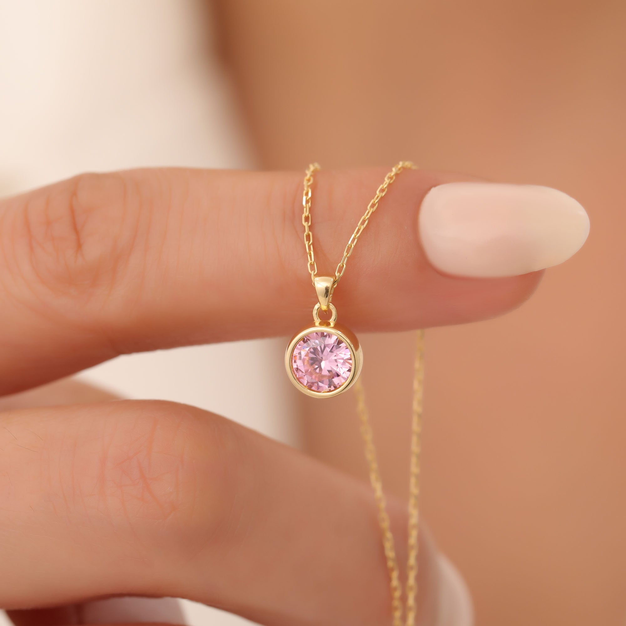 Round Pink Tourmaline Bezel Necklace in 14K Solid Gold | October Birthstone Pendant Queen Jewelry Necklace