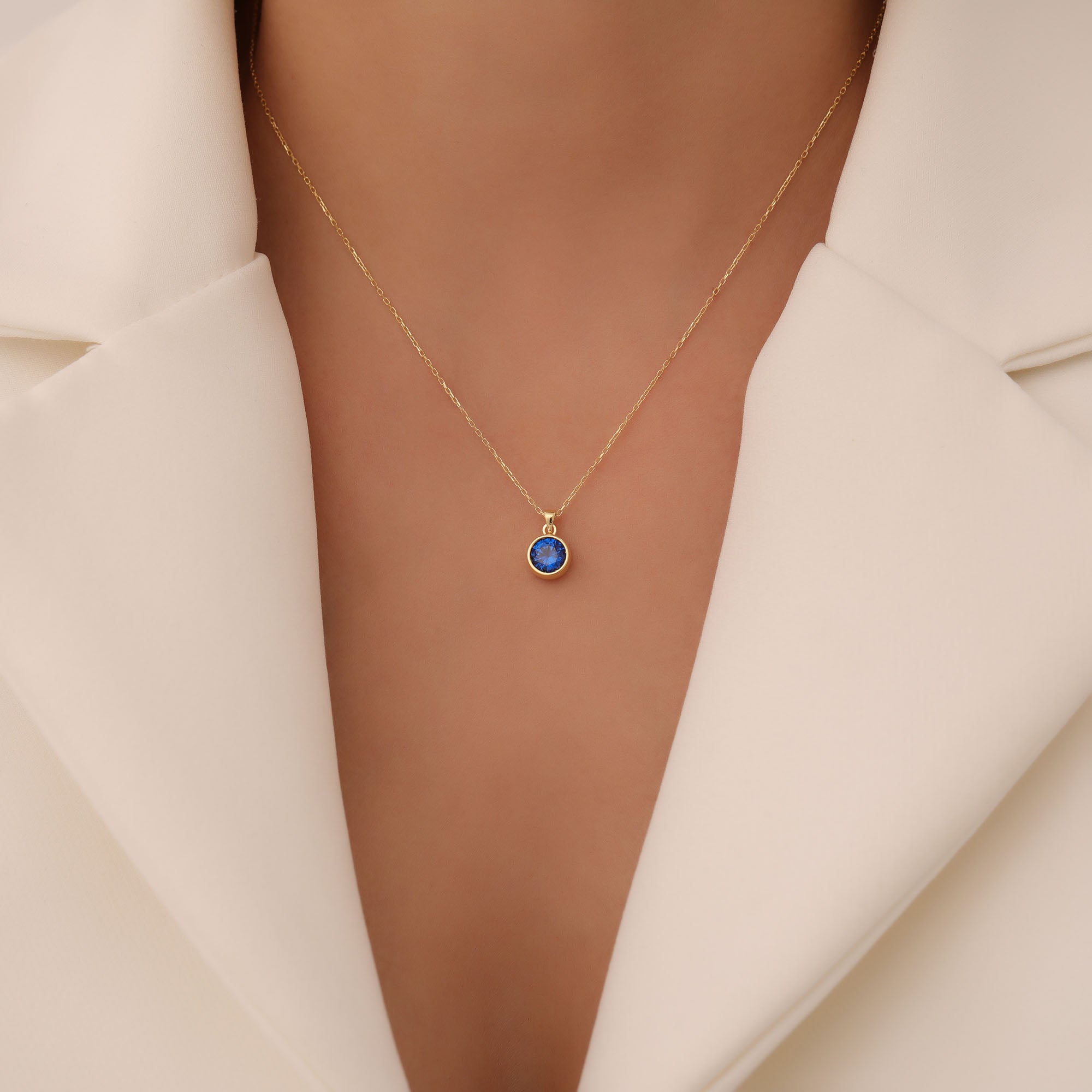 Round Sapphire Bezel Necklace in 14K Solid Gold | September Birthstone Pendant Queen Jewelry Necklace