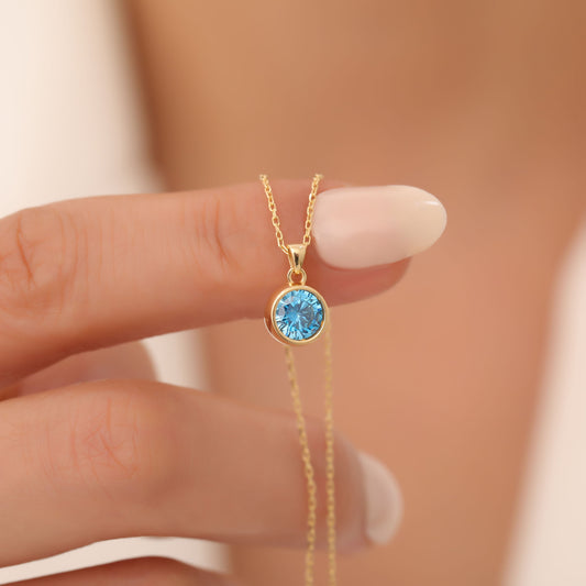 Round Blue Topaz Bezel Necklace in 14K Solid Gold | December Birthstone Pendant Queen Jewelry Necklace