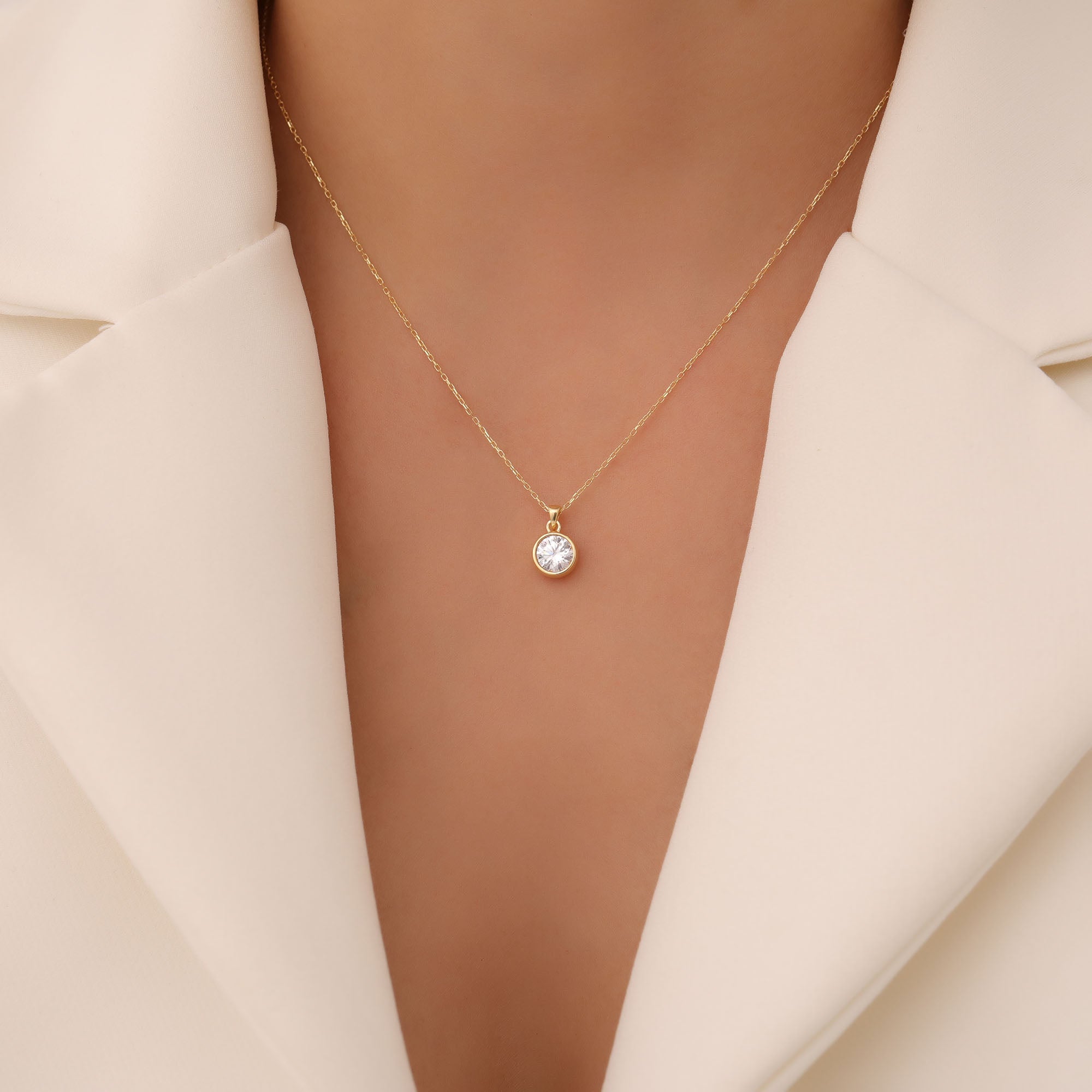 Round White Topaz Bezel Necklace in 14K Solid Gold | April Birthstone Pendant Queen Jewelry Necklace