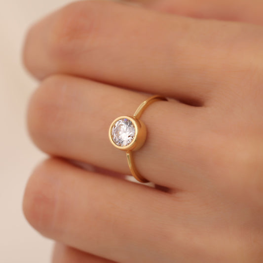 Round White Topaz Bezel Ring in 14K Solid Gold | April Birthstone Queen Jewelry Rings