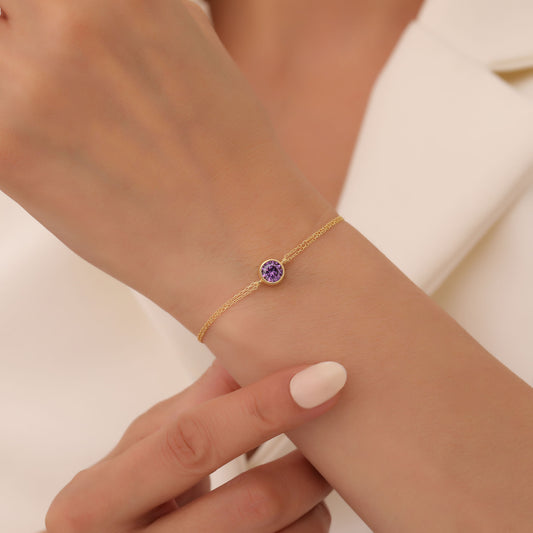 Round Amethyst Bezel Bracelet in 14K Solid Gold | February Birthstone Queen Jewelry Bracelet