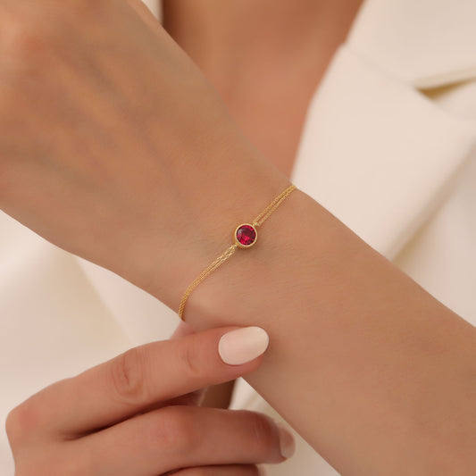 Round Ruby Bezel Bracelet in 14K Solid Gold | July Birthstone Queen Jewelry Bracelet
