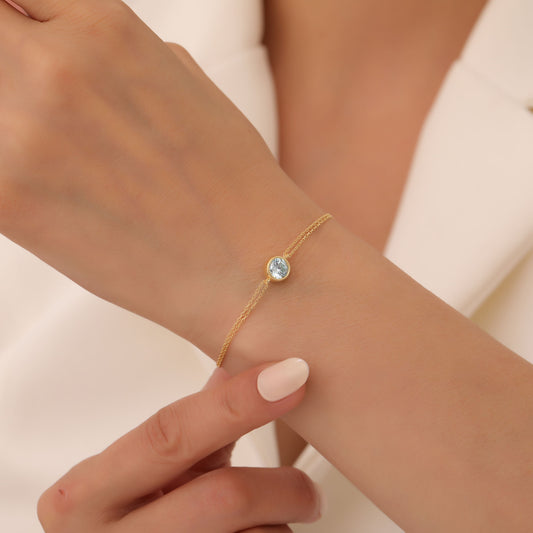 Round Aquamarine Bezel Bracelet in 14K Solid Gold | March Birthstone Queen Jewelry Bracelet