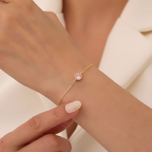 Round Pink Tourmaline Bezel Bracelet in 14K Solid Gold | October Birthstone Queen Jewelry Bracelet