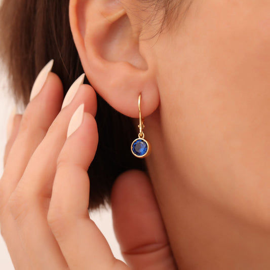 Round Sapphire Bezel Dangle Earrings in 14K Solid Gold | September Birthstone Queen Jewelry Earrings