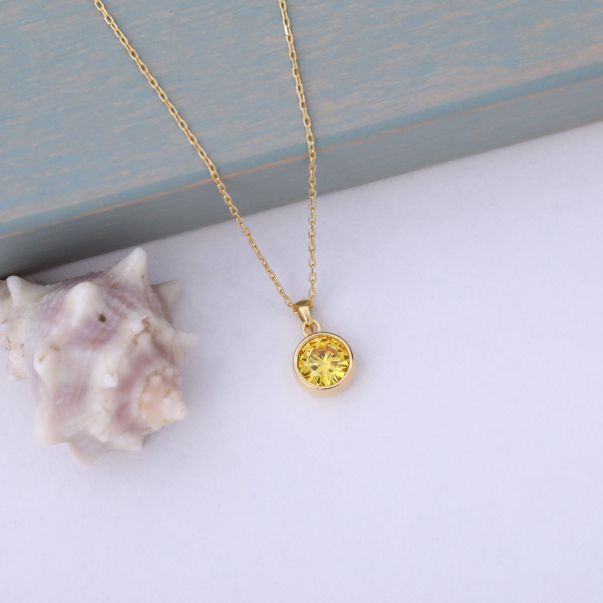 Round Yellow Topaz Bezel Necklace in 14K Solid Gold | Birthstone Pendant Queen Jewelry Necklace