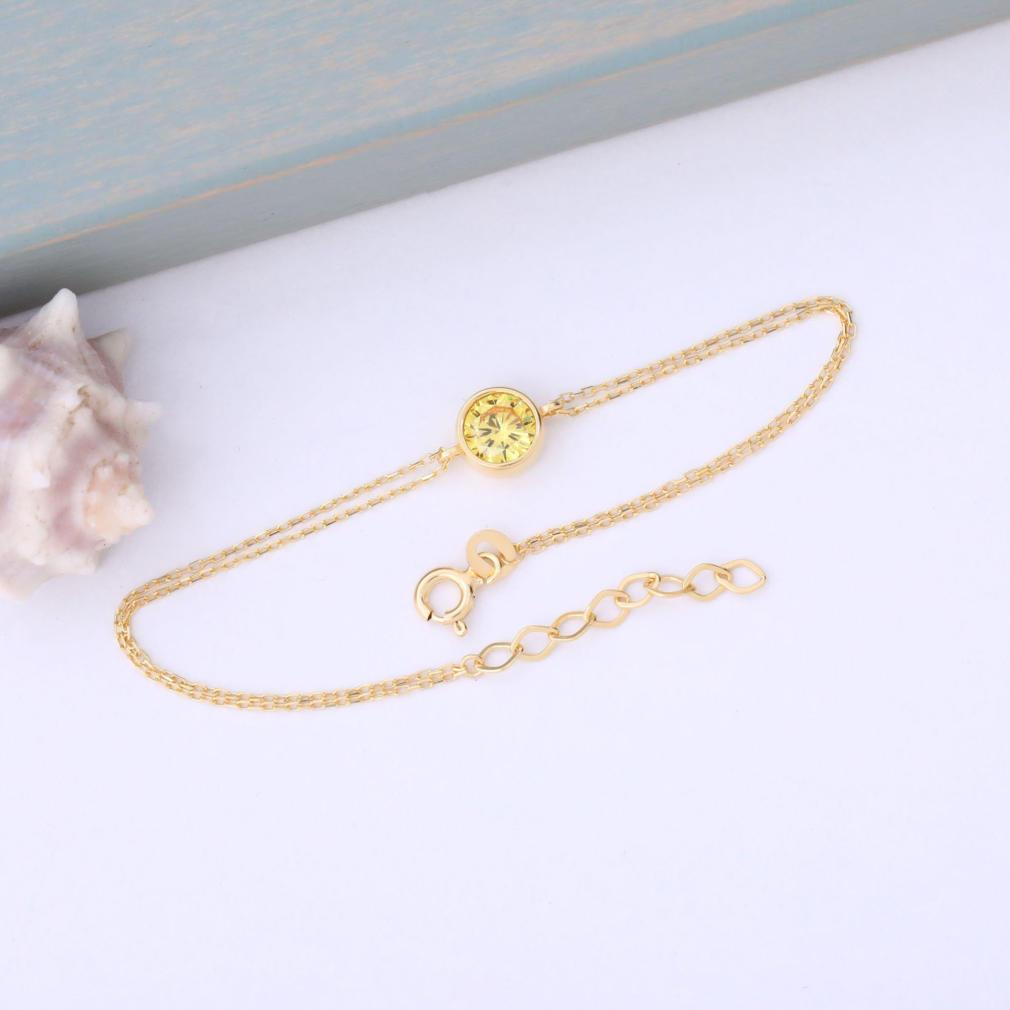 Round Yellow Topaz Bezel Bracelet in 14K Solid Gold | Birthstone Jewelry Queen Jewelry Bracelet