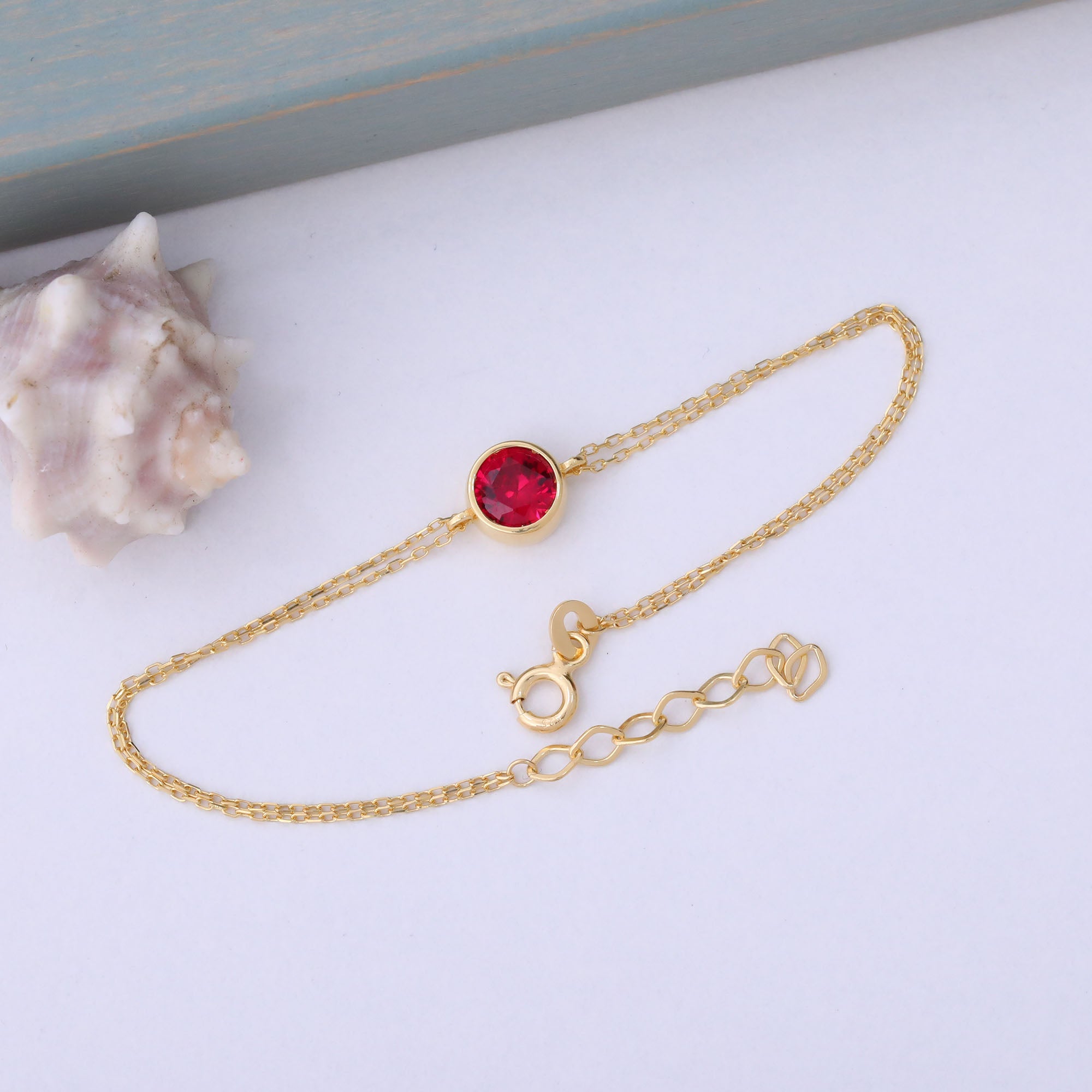 Round Ruby Bezel Bracelet in 14K Solid Gold | July Birthstone Queen Jewelry Bracelet