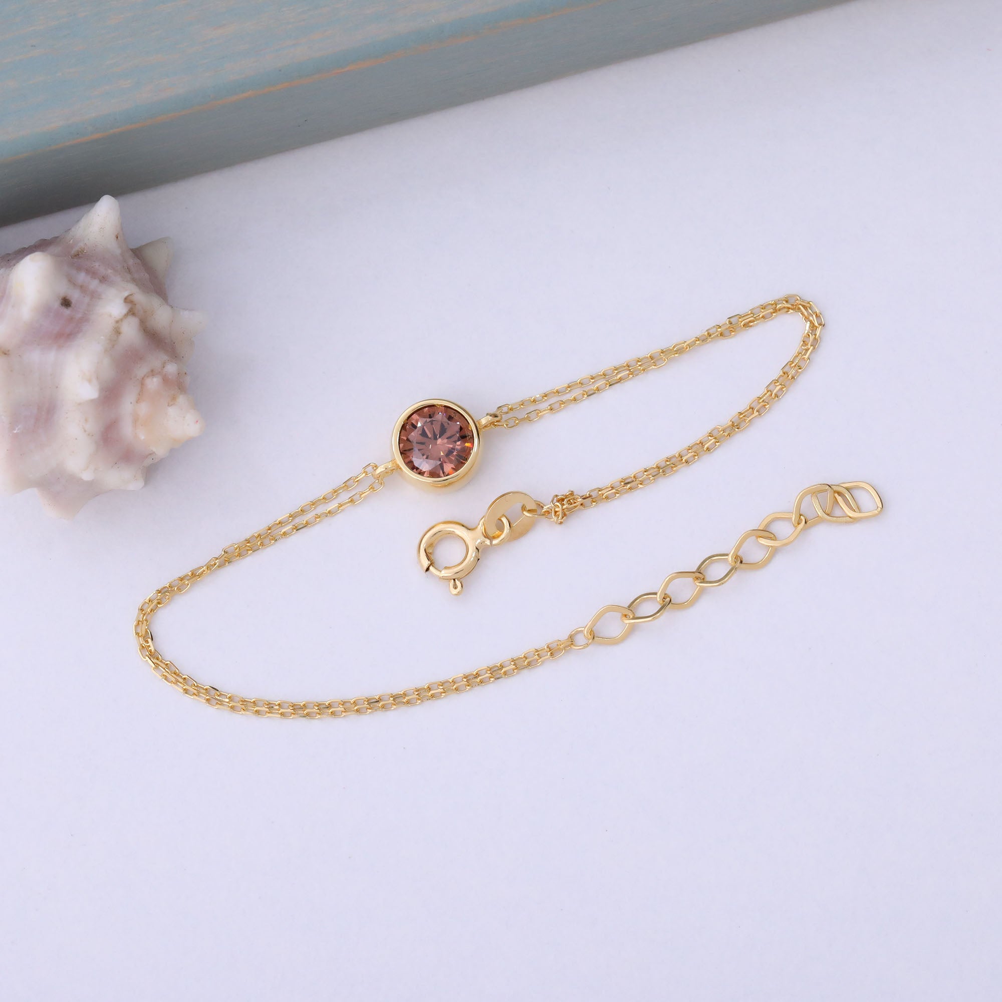 Round Smoky Quartz Bezel Bracelet in 14K Solid Gold | Birthstone Jewelry Queen Jewelry Bracelet