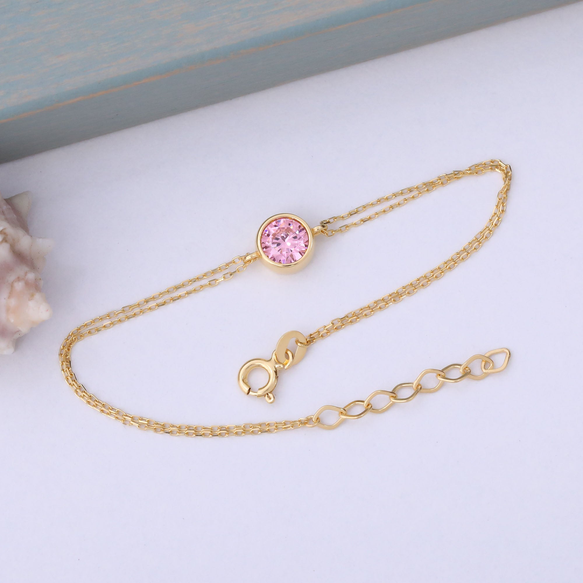 Round Pink Tourmaline Bezel Bracelet in 14K Solid Gold | October Birthstone Queen Jewelry Bracelet