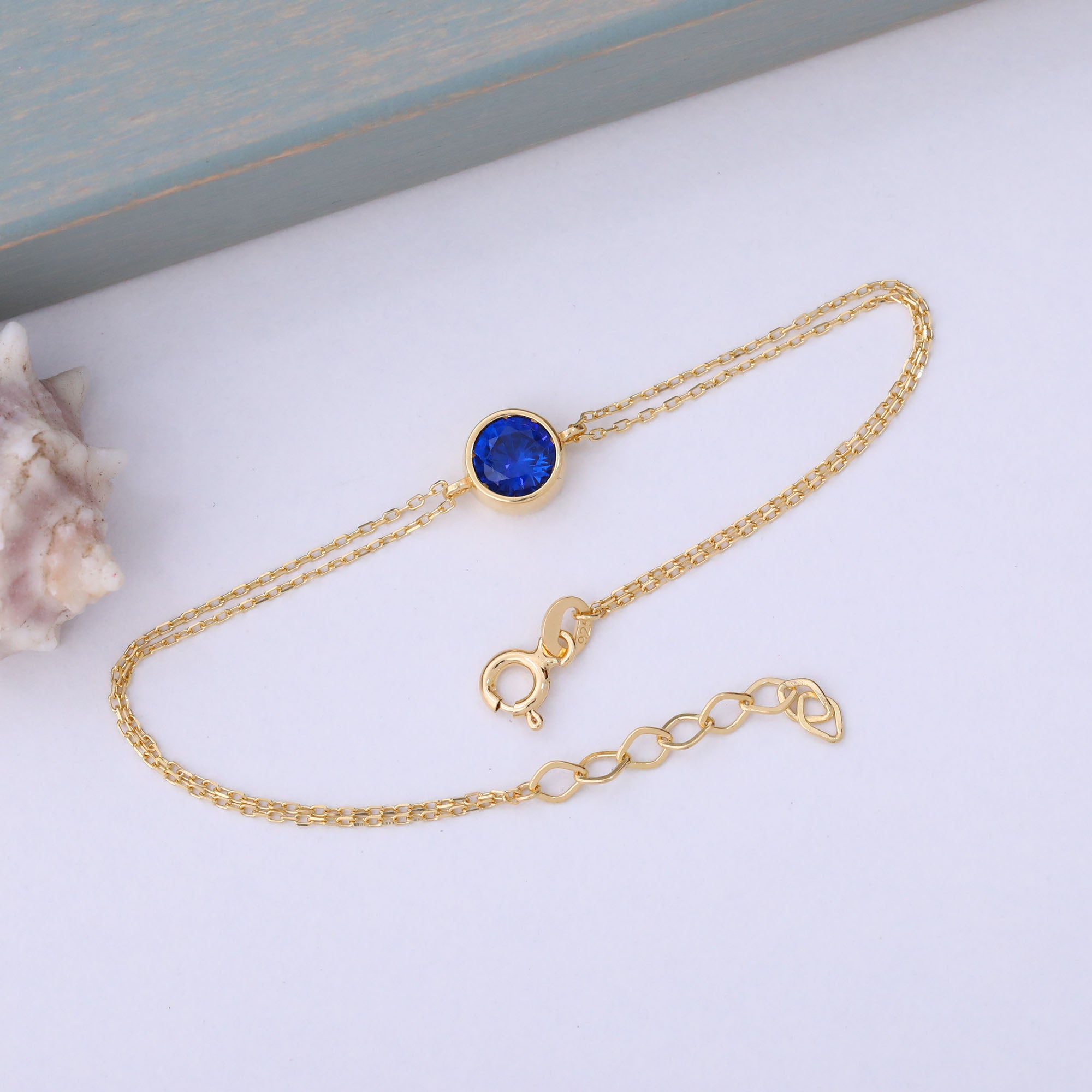 Round Sapphire Bezel Bracelet in 14K Solid Gold | September Birthstone Queen Jewelry Bracelet