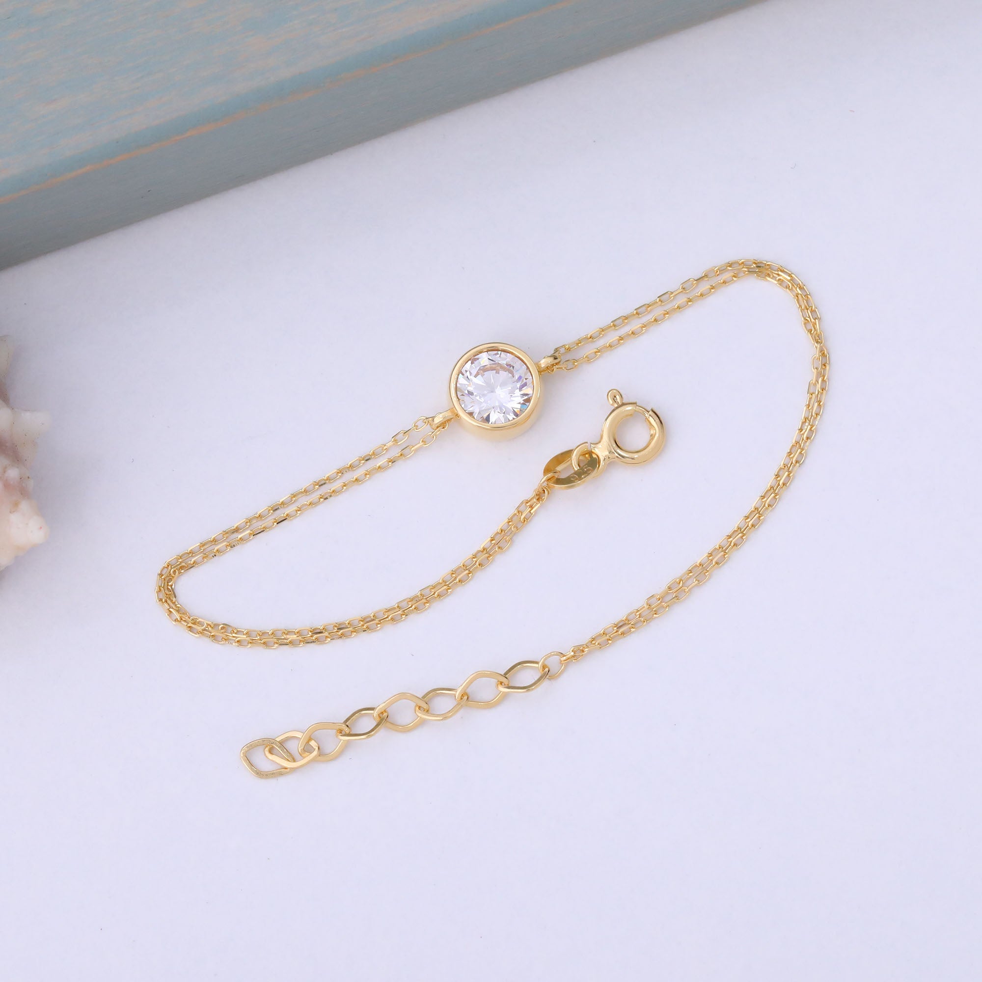 Round White Topaz Bezel Bracelet in 14K Solid Gold | April Birthstone Queen Jewelry Bracelet