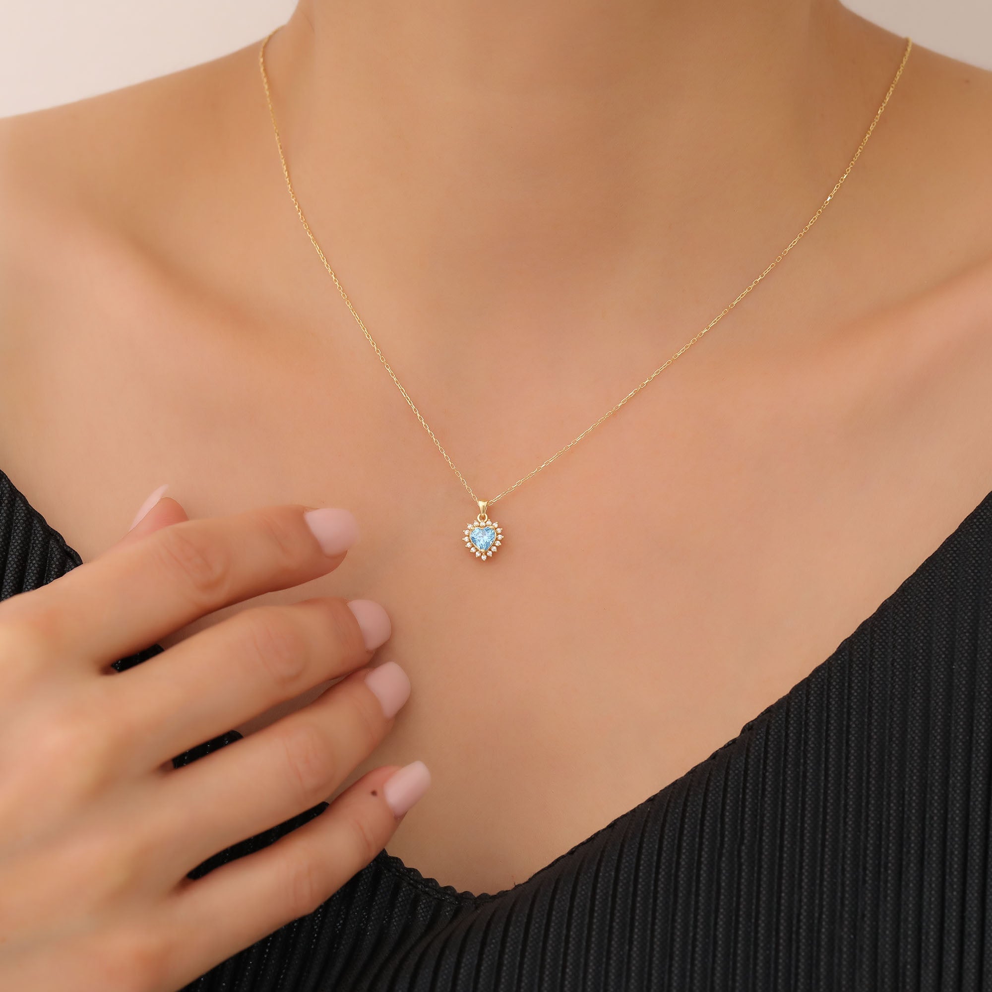 Blue Topaz Heart Necklace Surrounded by Real Diamonds in 14K Solid Gold Pendant, December Birthstone Charms Queen Jewelry Necklace