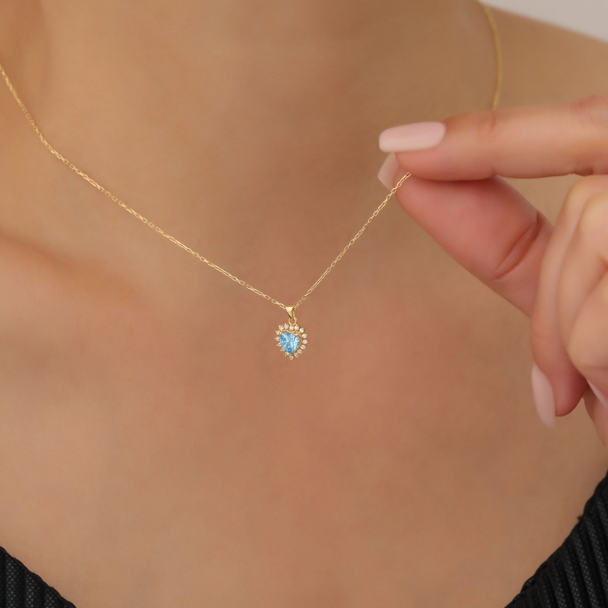 Blue Topaz Heart Necklace Surrounded by Real Diamonds in 14K Solid Gold Pendant, December Birthstone Charms Queen Jewelry Necklace