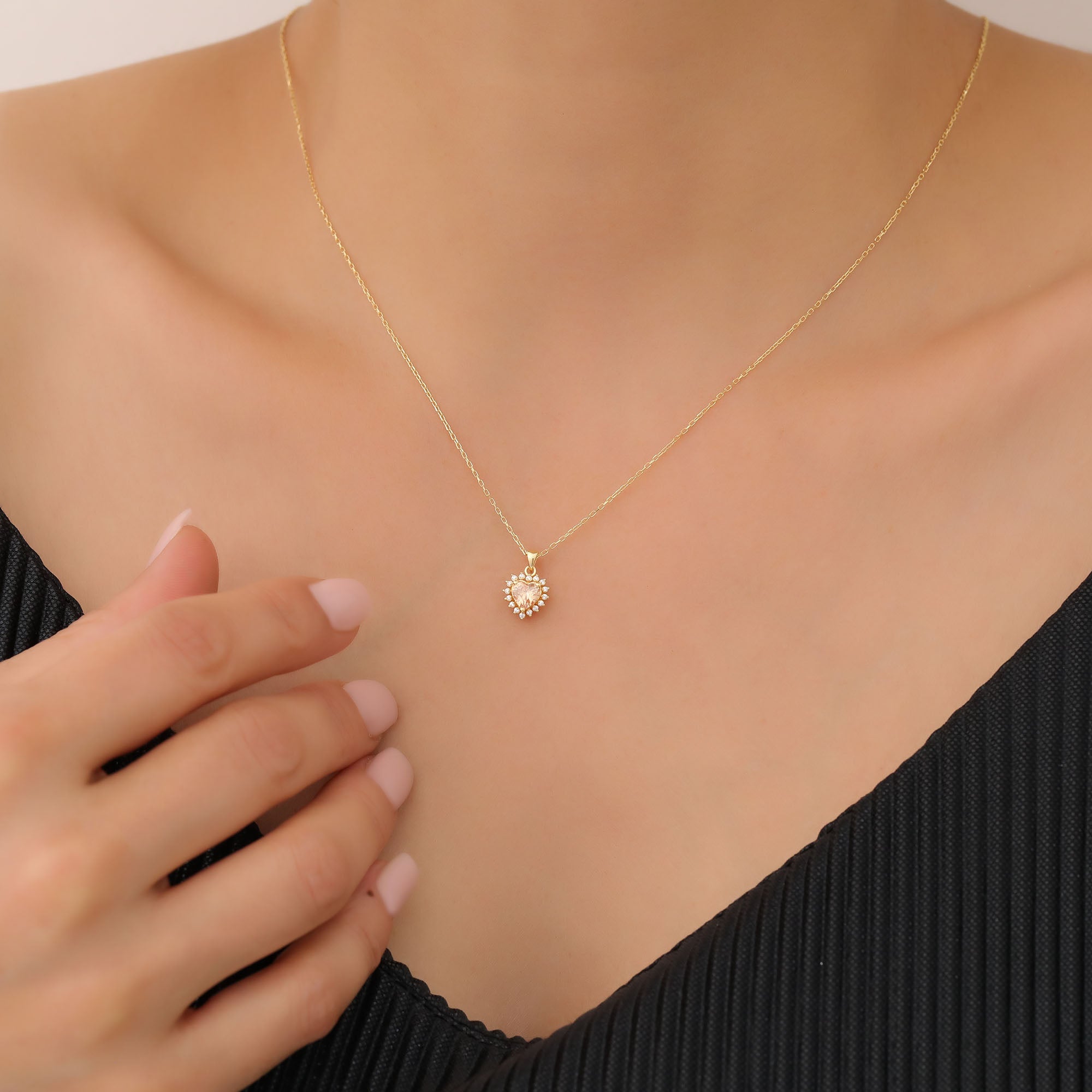 Citrine Heart Necklace Surrounded by Real Diamonds in 14K Solid Gold Pendant, November Birthstone Charms Queen Jewelry Necklace