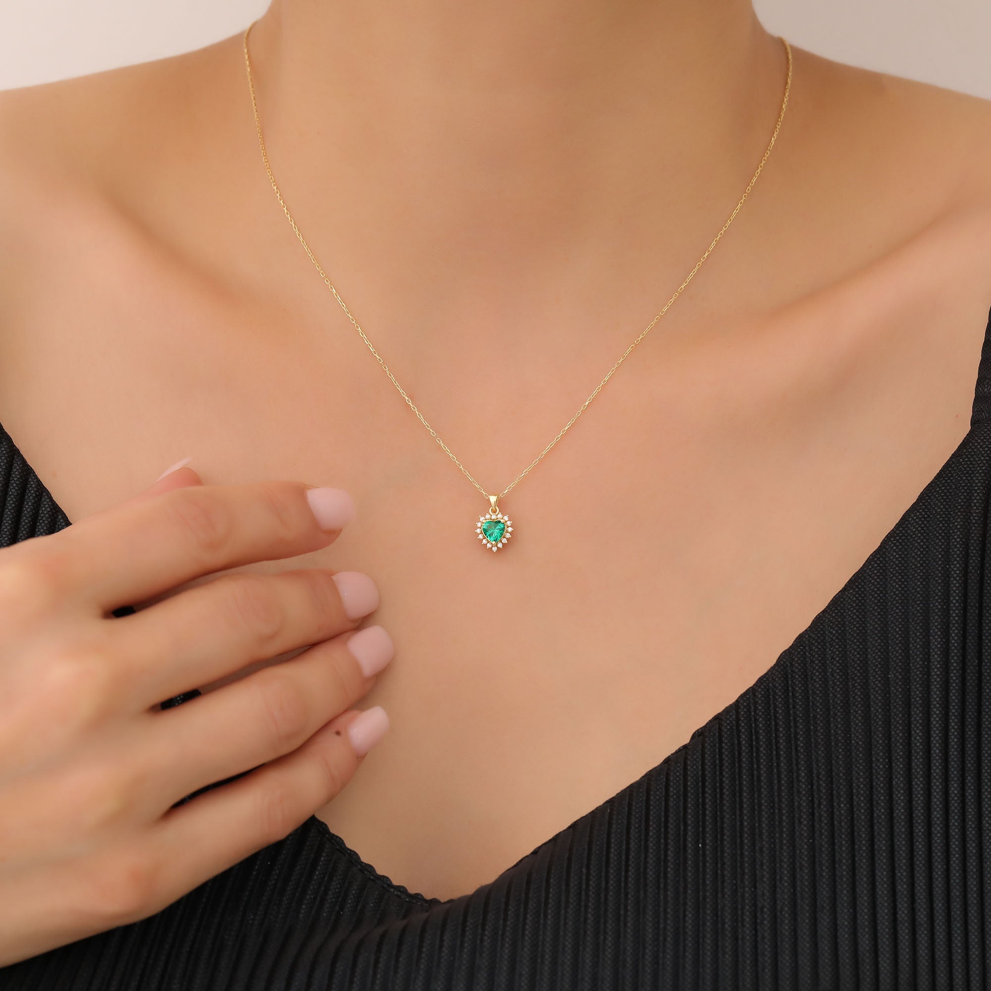 Emerald Heart Necklace Surrounded by Real Diamonds in 14K Solid Gold Pendant, May Birthstone Charms Queen Jewelry Necklace