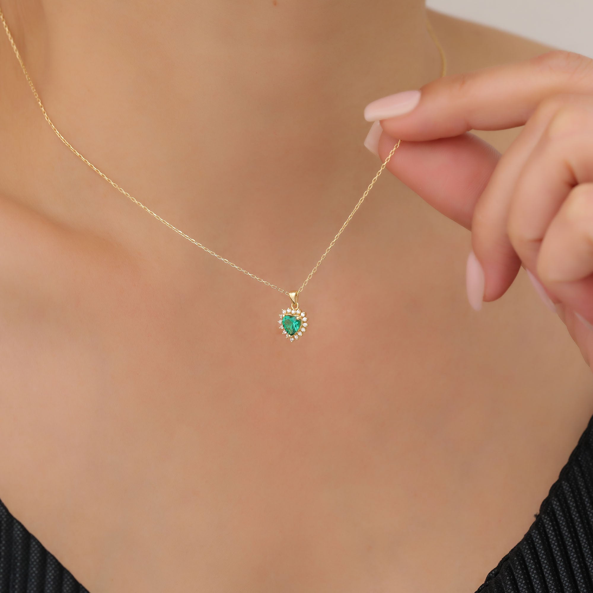 Emerald Heart Necklace Surrounded by Real Diamonds in 14K Solid Gold Pendant, May Birthstone Charms Queen Jewelry Necklace
