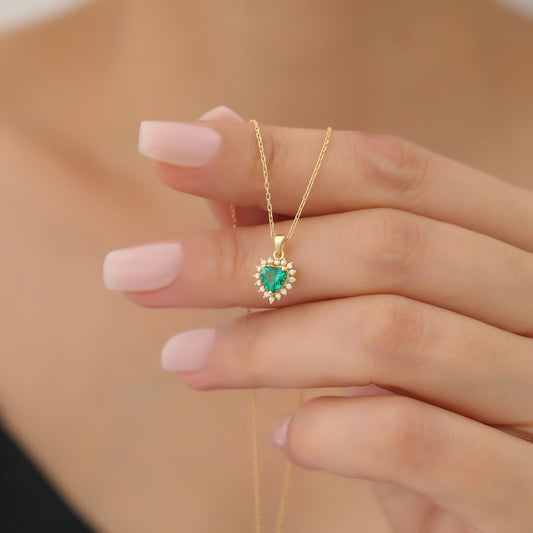 Emerald Heart Necklace Surrounded by Real Diamonds in 14K Solid Gold Pendant, May Birthstone Charms Queen Jewelry Necklace