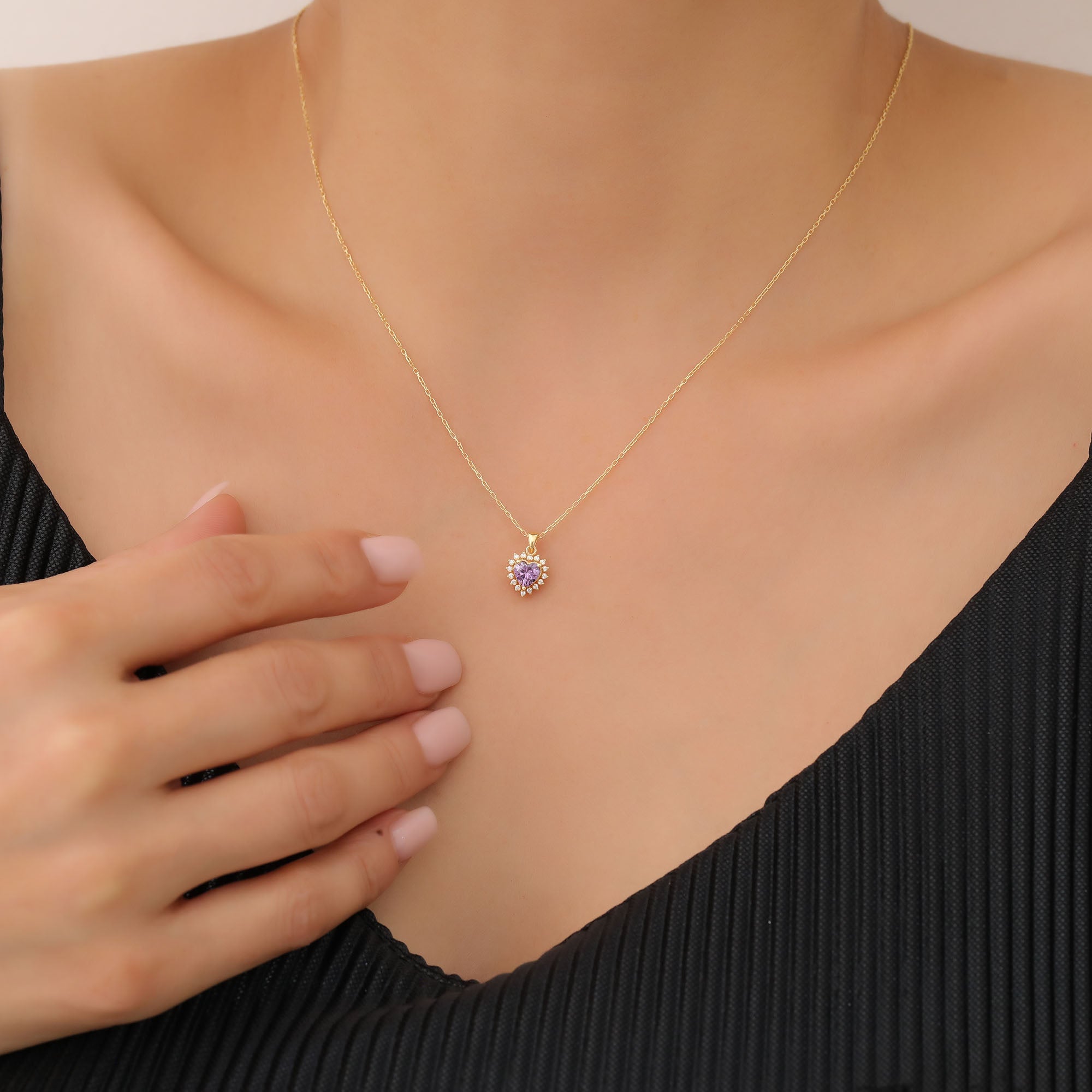 Amethyst Heart Necklace Surrounded by Real Diamonds in 14K Solid Gold Pendant, February Birthstone Charms Queen Jewelry Necklace