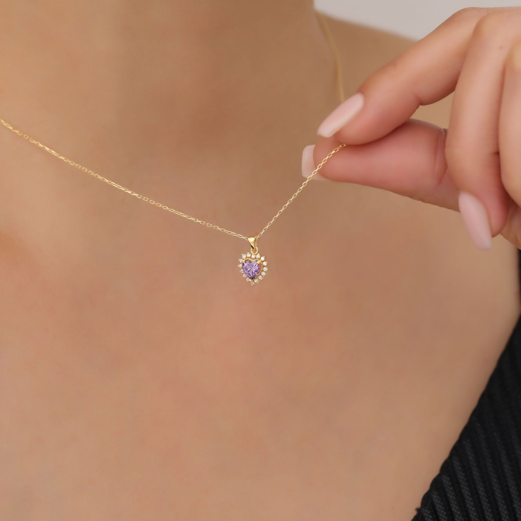 Amethyst Heart Necklace Surrounded by Real Diamonds in 14K Solid Gold Pendant, February Birthstone Charms Queen Jewelry Necklace