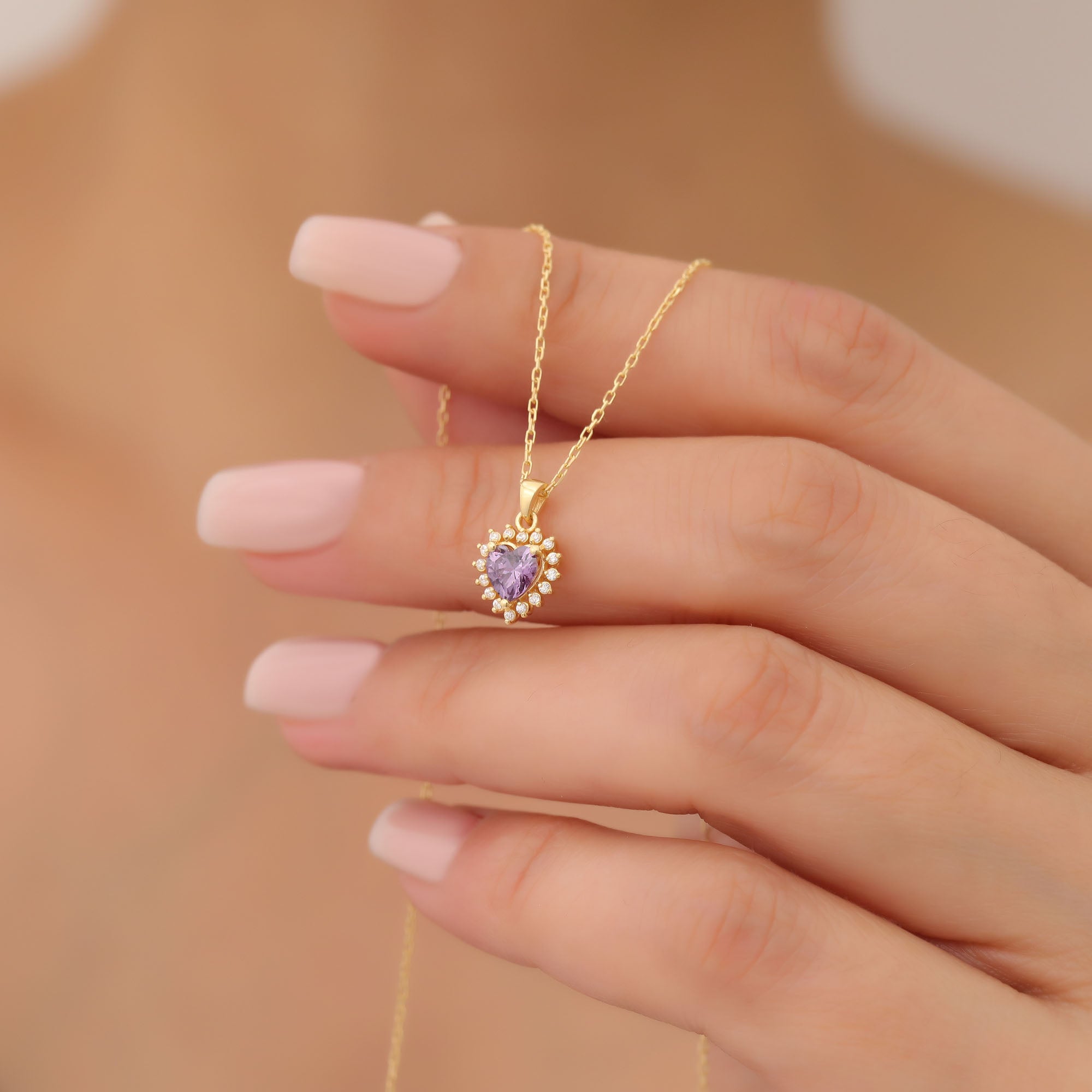 Amethyst Heart Necklace Surrounded by Real Diamonds in 14K Solid Gold Pendant, February Birthstone Charms Queen Jewelry Necklace