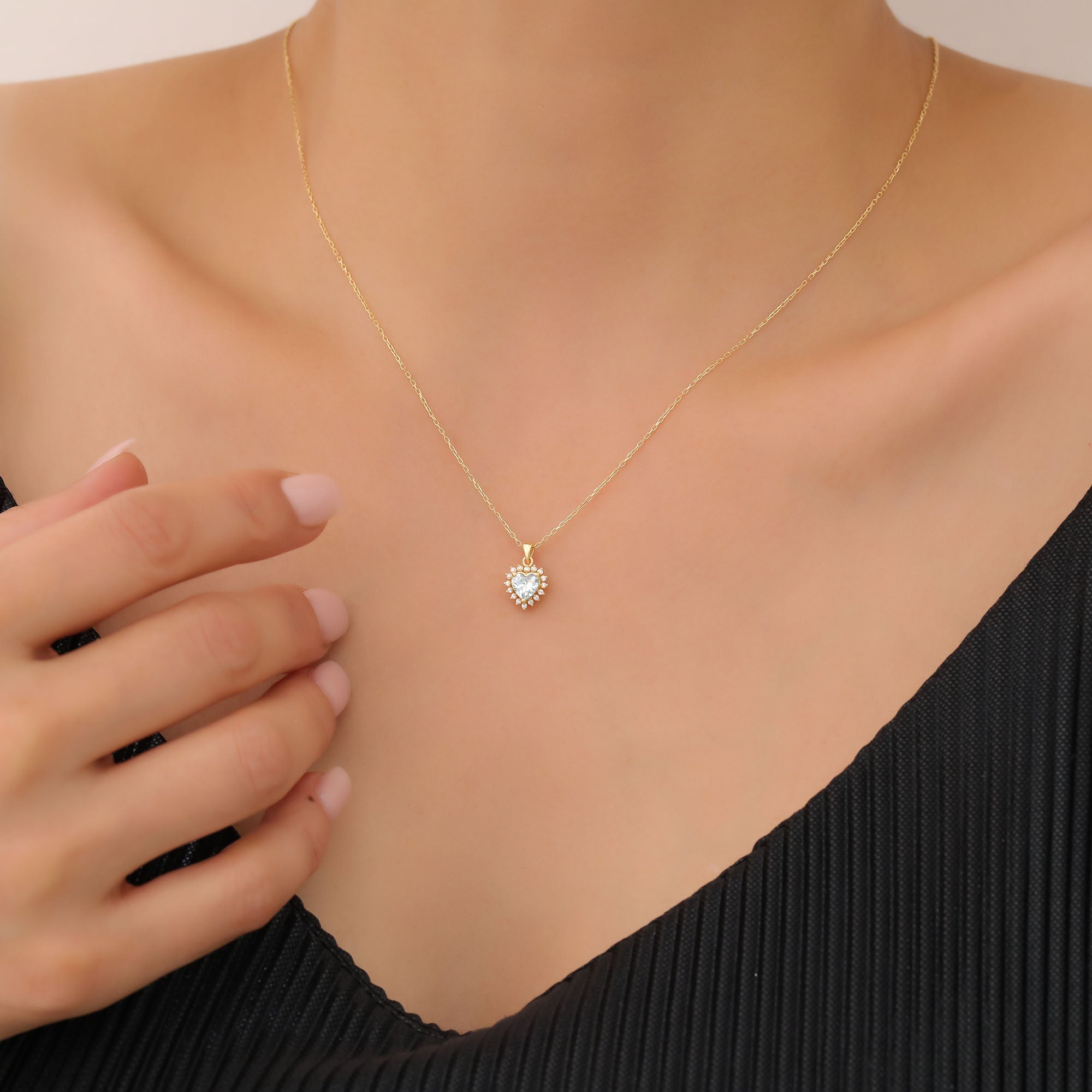 Aquamarine Heart Necklace Surrounded by Real Diamonds in 14K Solid Gold Pendant, March Birthstone Charms Queen Jewelry Necklace