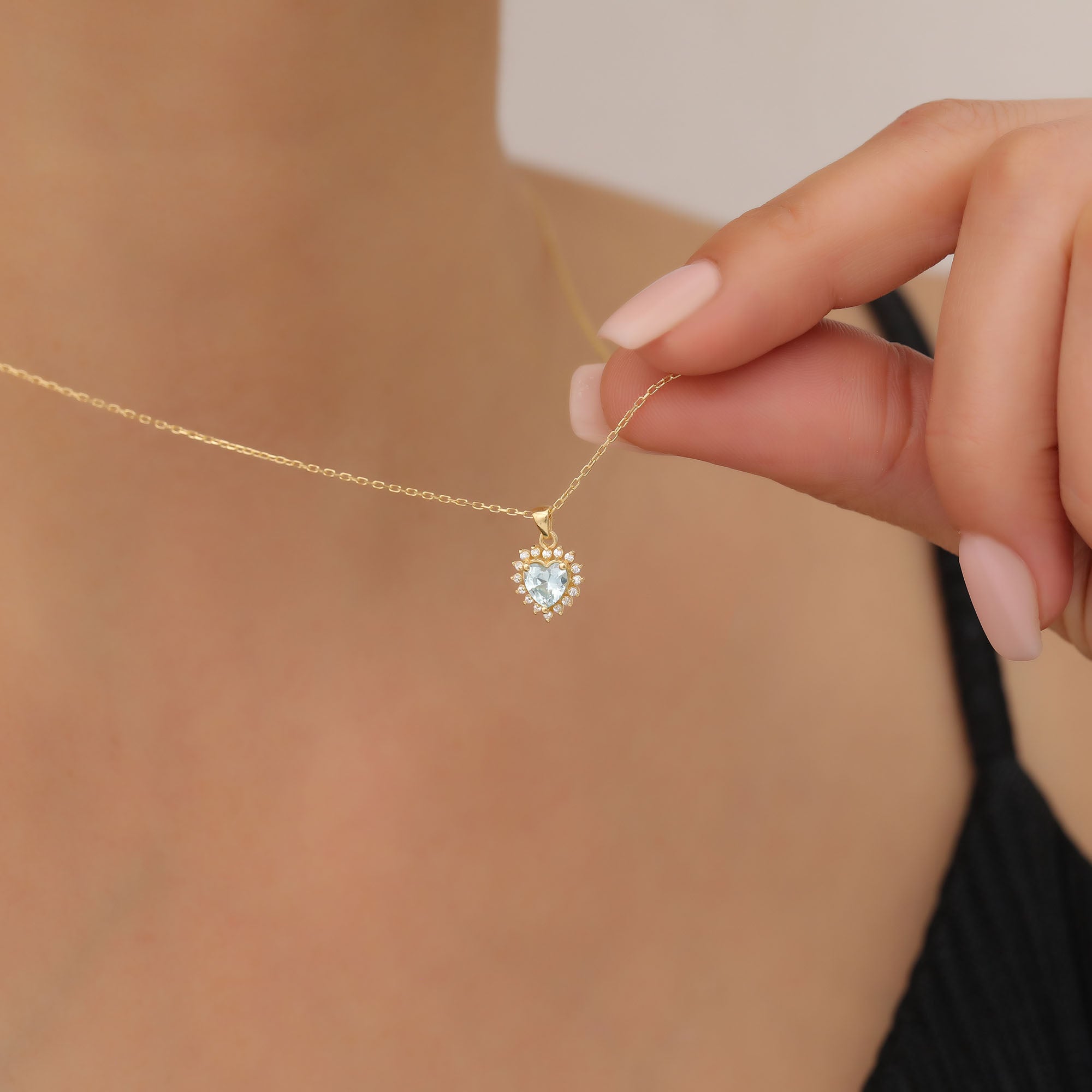 Aquamarine Heart Necklace Surrounded by Real Diamonds in 14K Solid Gold Pendant, March Birthstone Charms Queen Jewelry Necklace