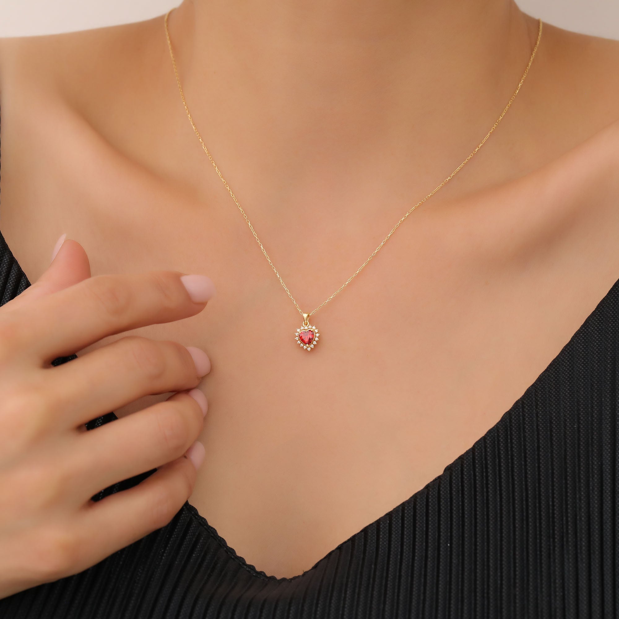 Garnet Heart Necklace Surrounded by Real Diamonds in 14K Solid Gold Pendant, January Birthstone Charms Queen Jewelry Necklace