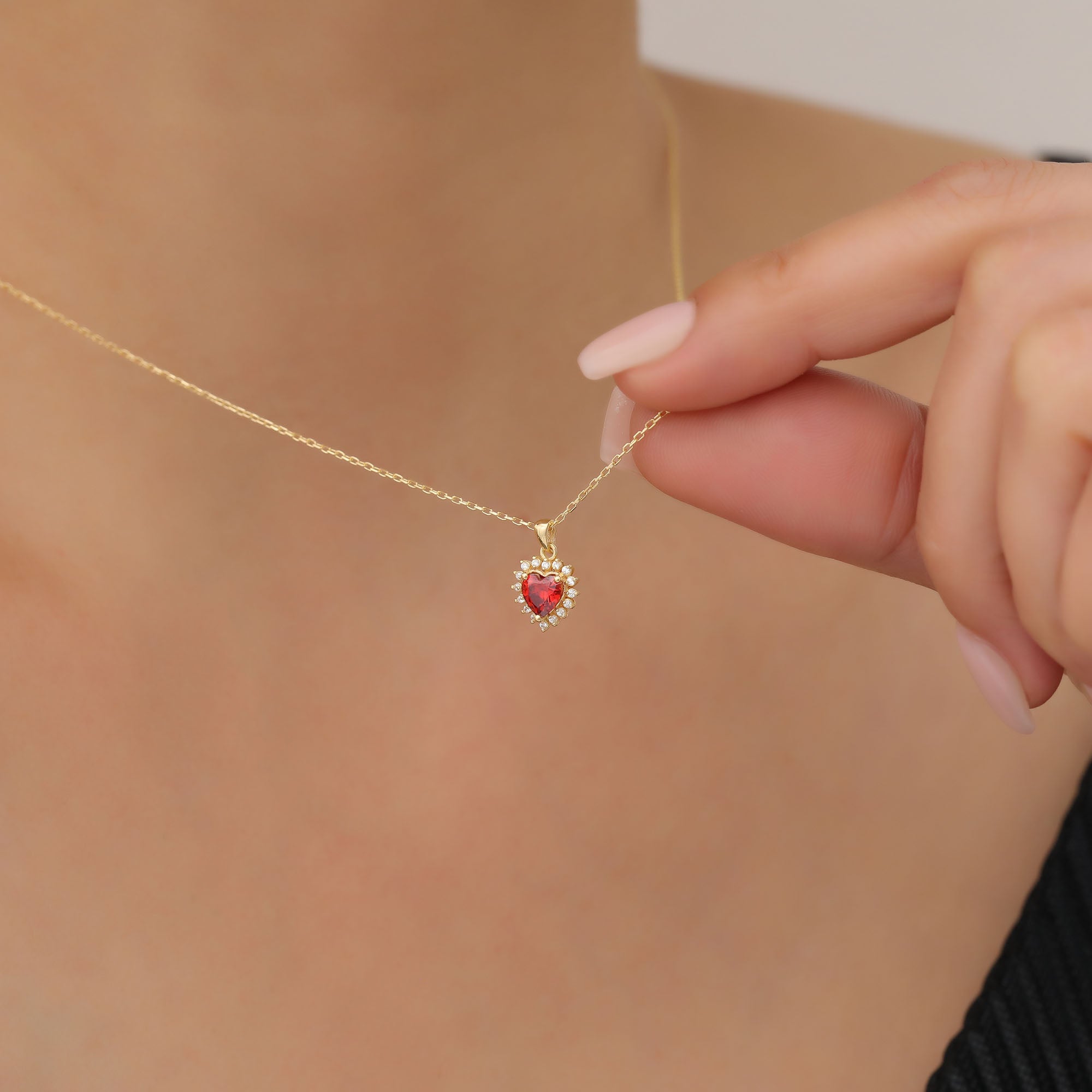 Garnet Heart Necklace Surrounded by Real Diamonds in 14K Solid Gold Pendant, January Birthstone Charms Queen Jewelry Necklace