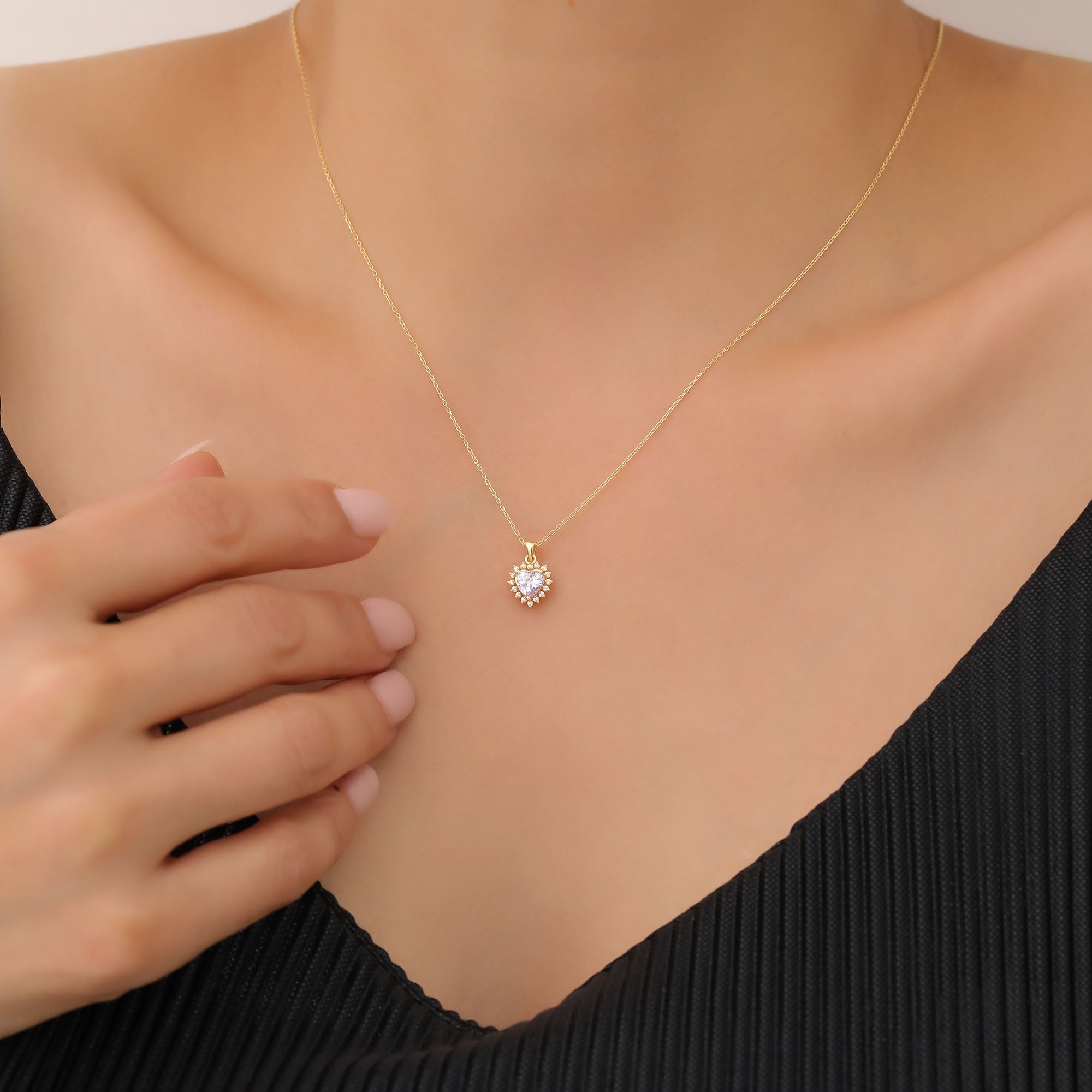 Alexandrite Heart Necklace Surrounded by Real Diamonds in 14K Solid Gold Pendant, June Birthstone Charms Queen Jewelry Necklace