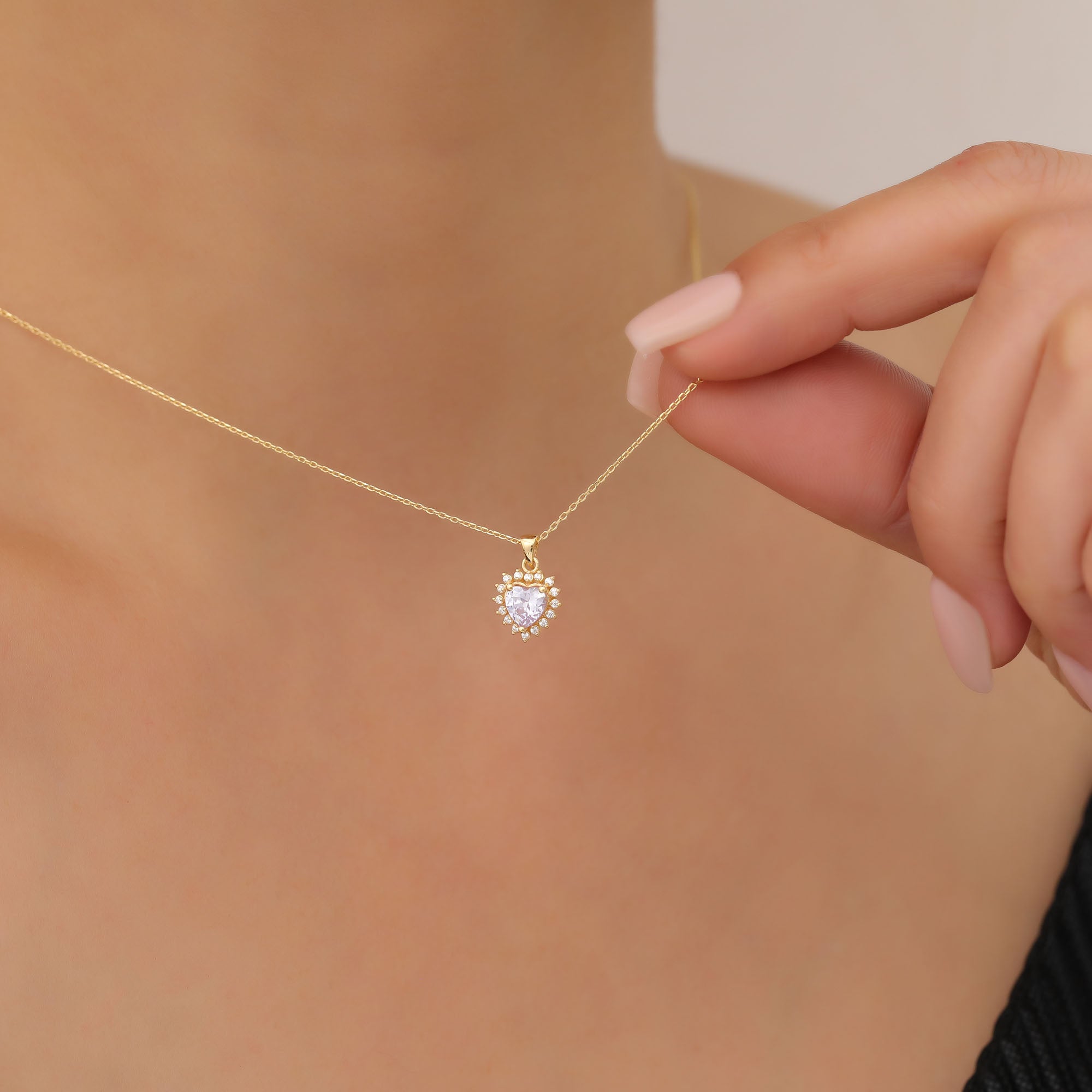Alexandrite Heart Necklace Surrounded by Real Diamonds in 14K Solid Gold Pendant, June Birthstone Charms Queen Jewelry Necklace