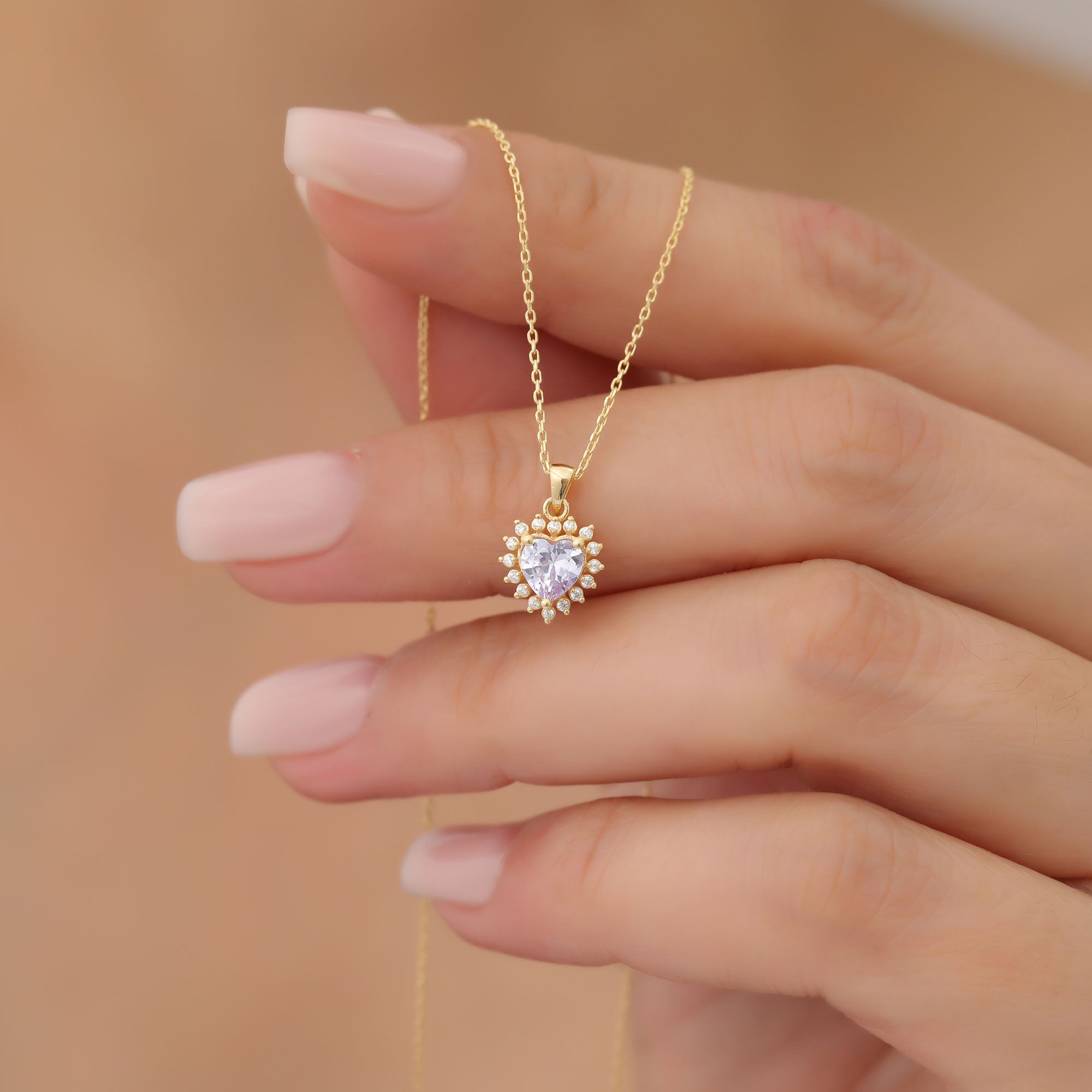 Alexandrite Heart Necklace Surrounded by Real Diamonds in 14K Solid Gold Pendant, June Birthstone Charms Queen Jewelry Necklace